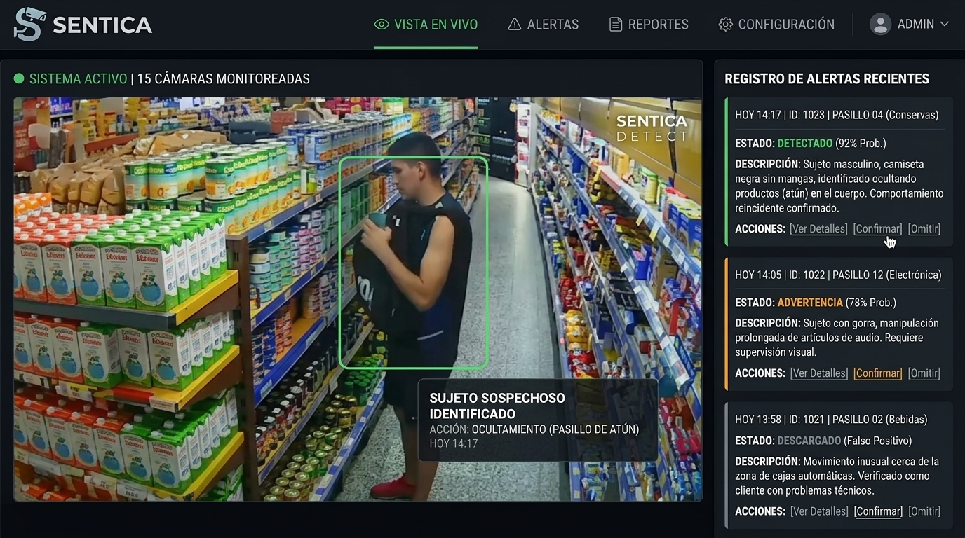 Dashboard Sentica Commerce mostrando detección de posible hurto en tiempo real
